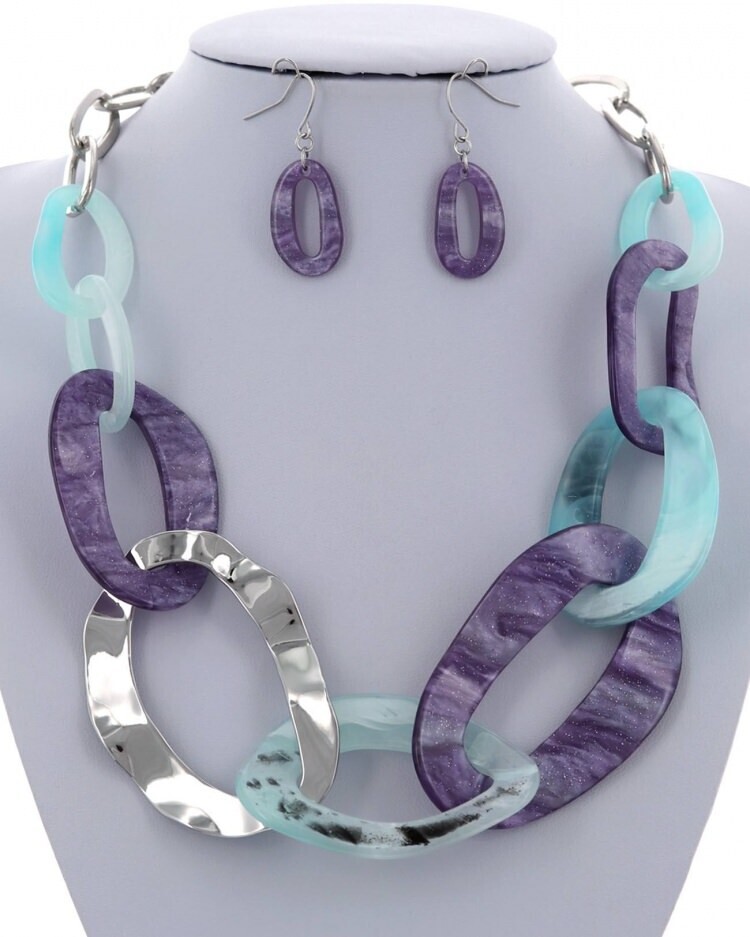 Light Blue, Light Purple Acetate Link Necklace & Earring Set