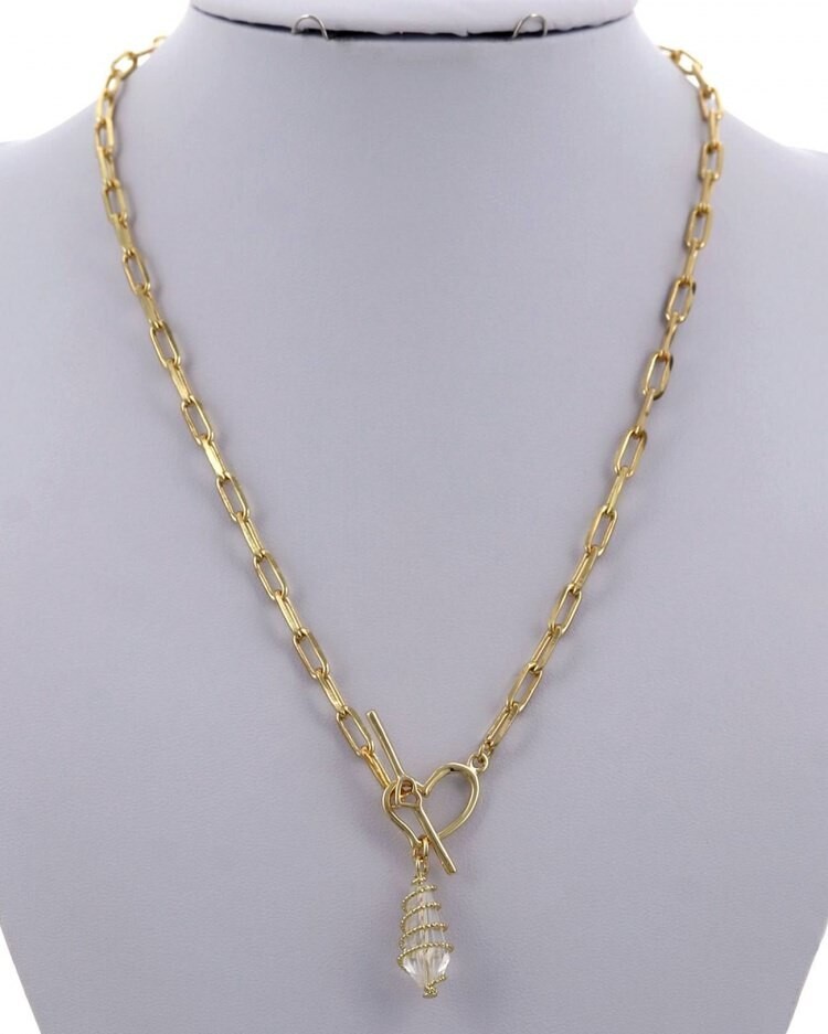 Gold Metal Link Chain Glass Pendant Necklace