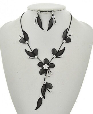 Black Flower Metal Rhinestone Necklace & Earring Set