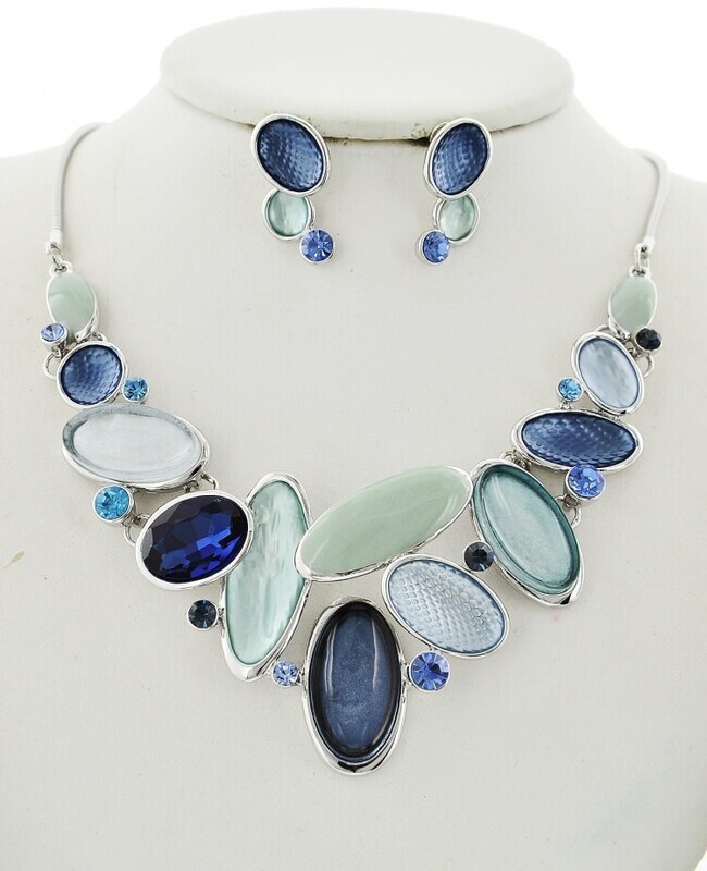 Shades Of Blue Acrylic Epoxy Metal Graduating Necklace &amp; Earring Set