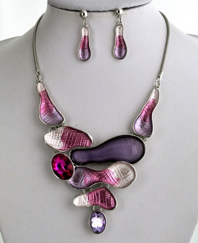 Pink/Lavender Abstract Metal Statement Acrylic Metal Glass Necklace &amp; Earring Set 