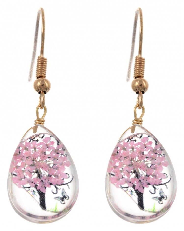 Pink Flower Epoxy Drop Earring Set