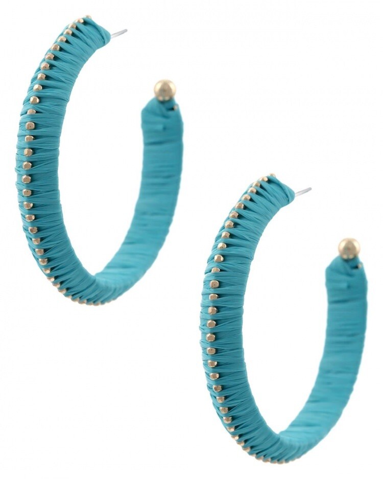 Turquoise Hoop Metal Raffia Earring Set