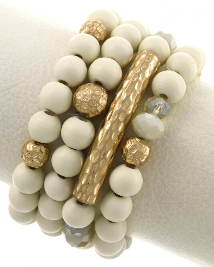 4 Layered Beads Wood Metal Hammered Stretch Bracelet