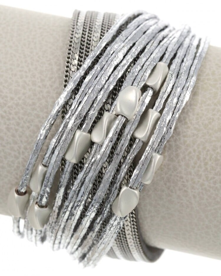 Matte Silver Multi Strand Leatherette Band Bracelet