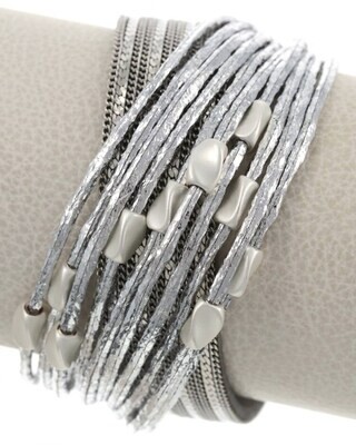 Matte Silver Multi Strand Leatherette Band Bracelet