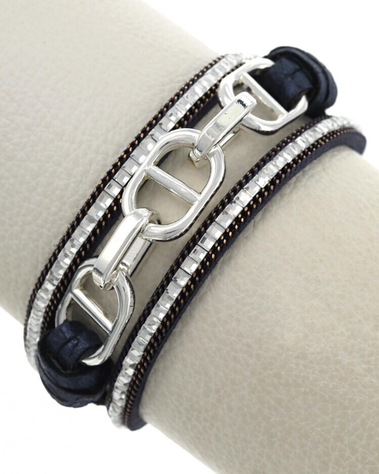 Navy/Silver Leatherette Metal Band Bracelet