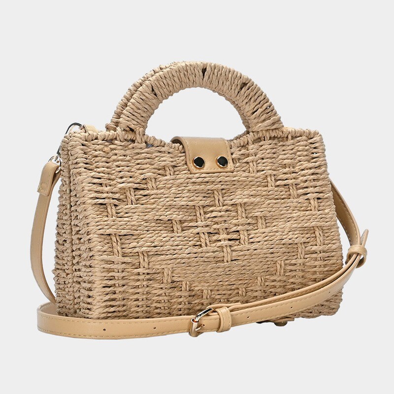 Tan Straw Handle Crossbody Handbag