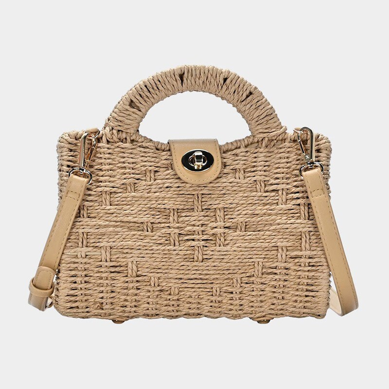 Tan Straw Handle Crossbody Handbag
