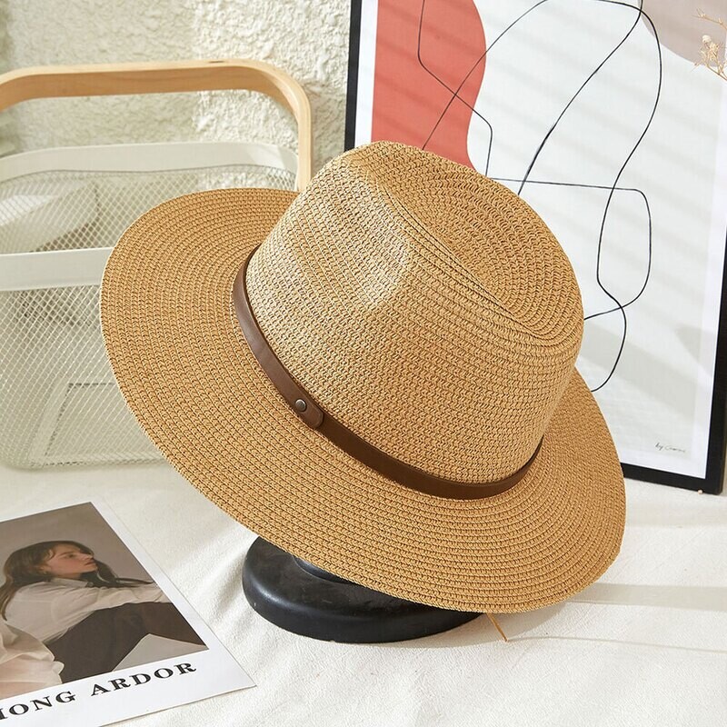 Faux Leather Band Straw Panama Sun Hat