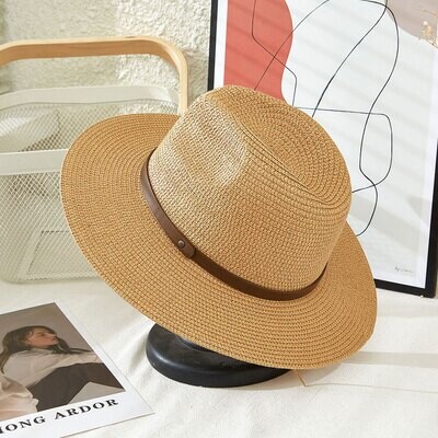 Faux Leather Band Straw Panama Sun Hat