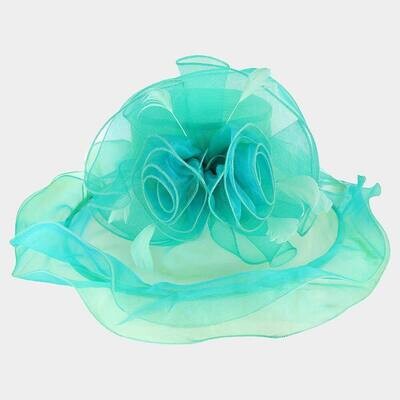 Mint Flower Feather Accented Double Layered Organza Hat