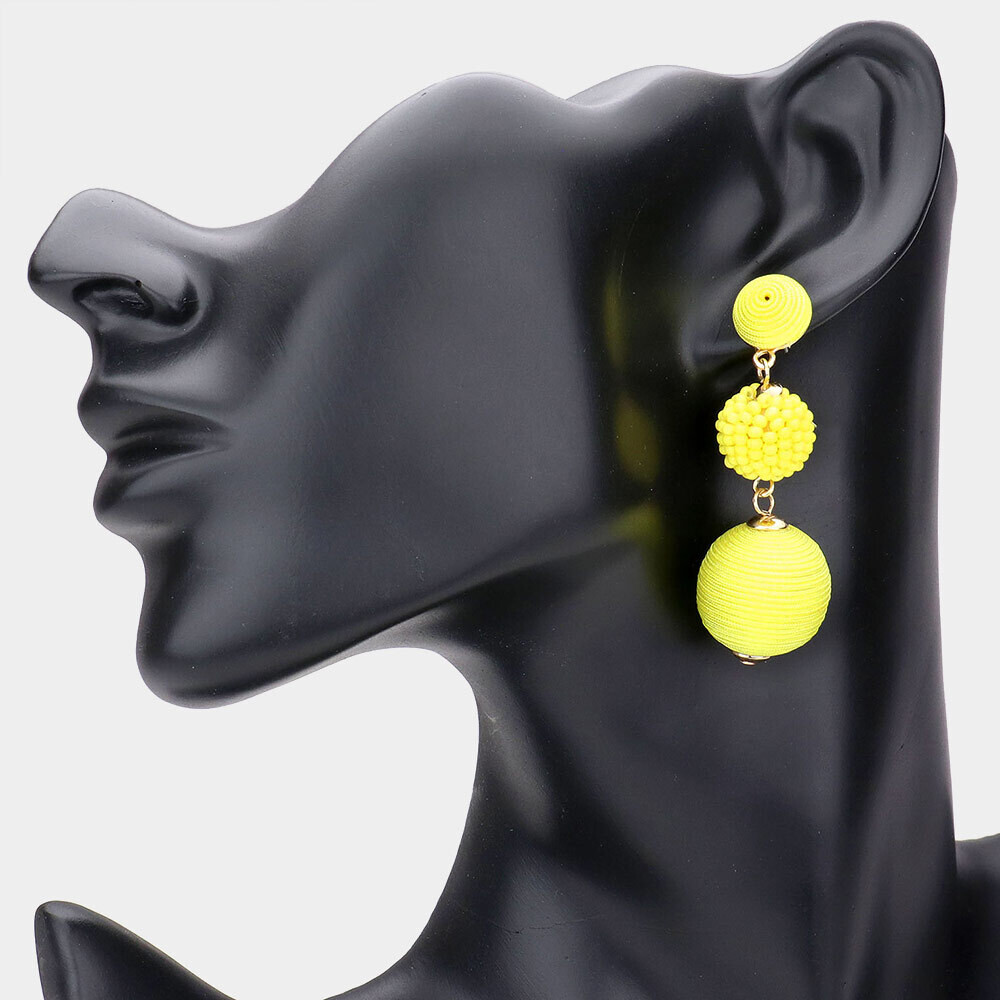 Yellow Seed Beaded Thread Wrapped Ball Link Dangle Earring