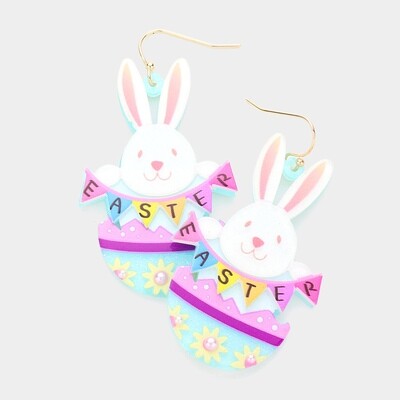 EASTER Message Glittered Resin Egg Bunny Dangle Earrings
