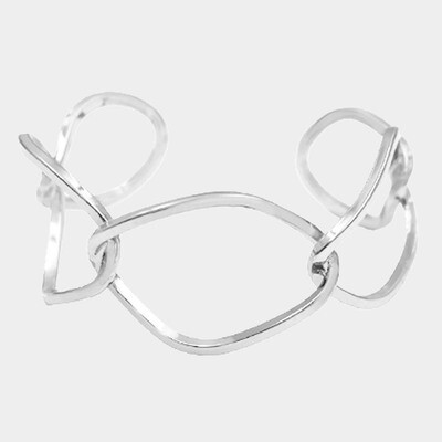 Rhodium Open Oval Metal Link Cuff Bracelet