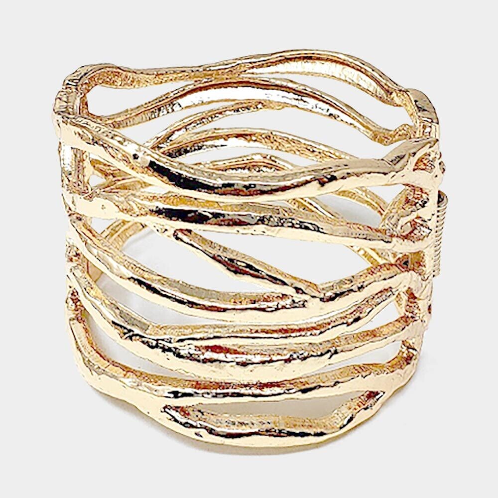 Chunky Statement Abstract Metal Hinged Bracelet, Color: Gold