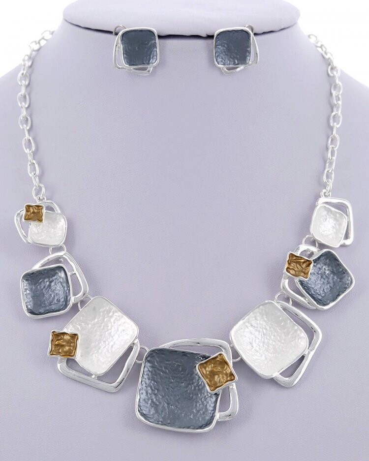 Silver/Grey Metal Enamel Statement Necklace & Earring Set