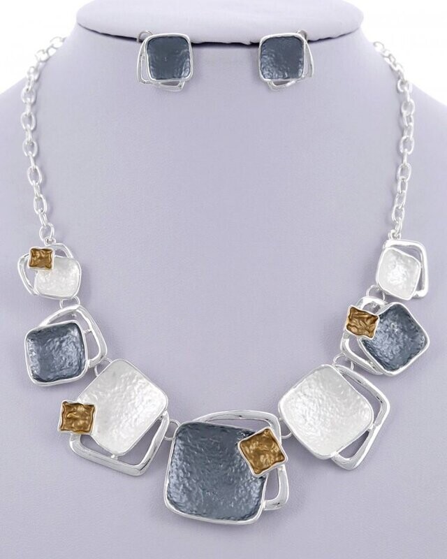 Silver/Grey Metal Enamel Statement Necklace &amp; Earring Set