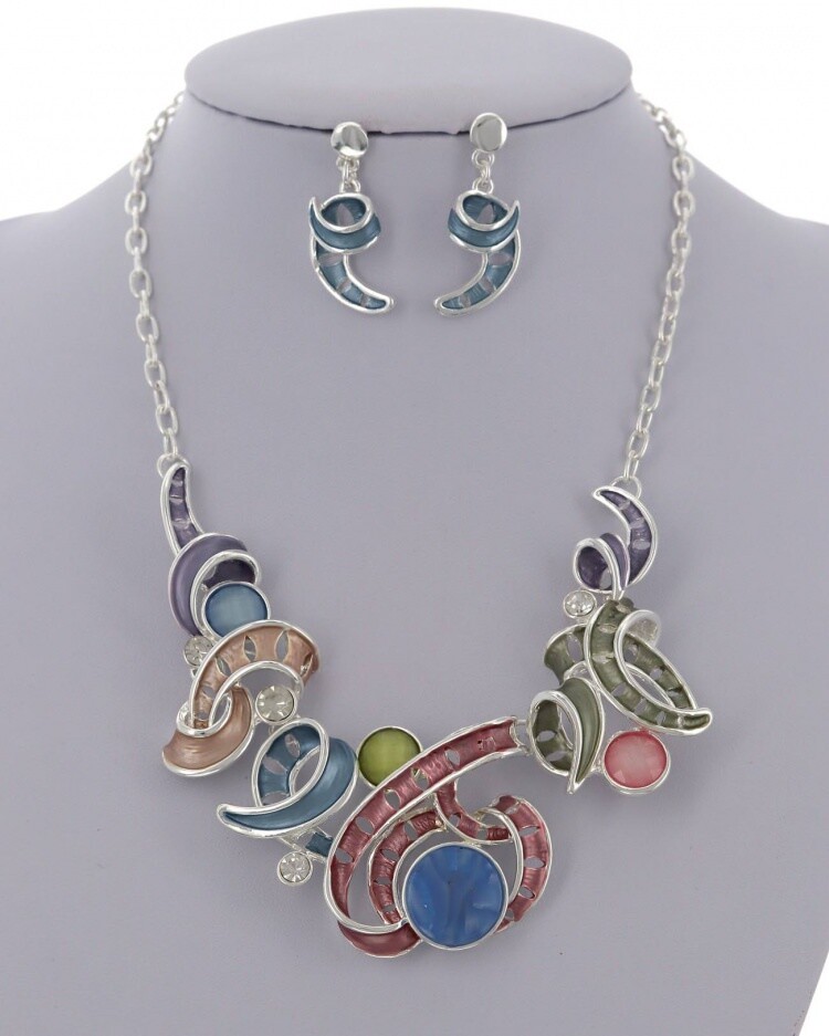 Multi Colored Statement Metal Glass Necklace & Earring Set