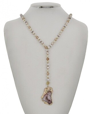 Real Druzy Pink/Taupe Stone Long Necklace 