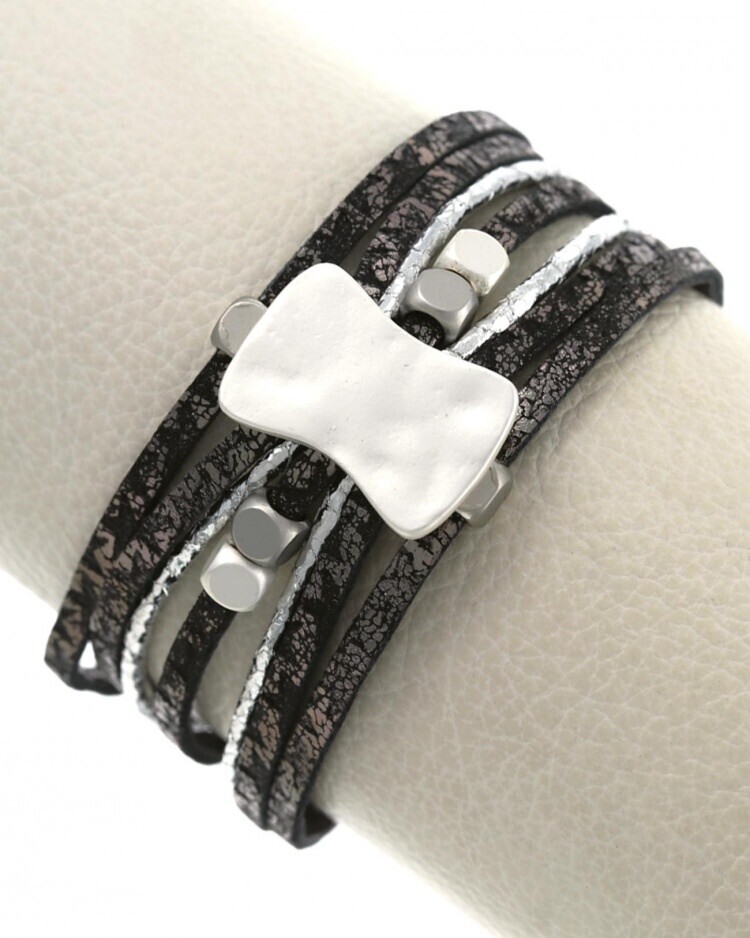 Black/Hematite/Silver Multi Strand Leather Metal Bracelet