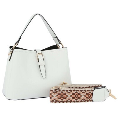 Buckle Flap Shoulder Bag with Aztec Pattern Strap