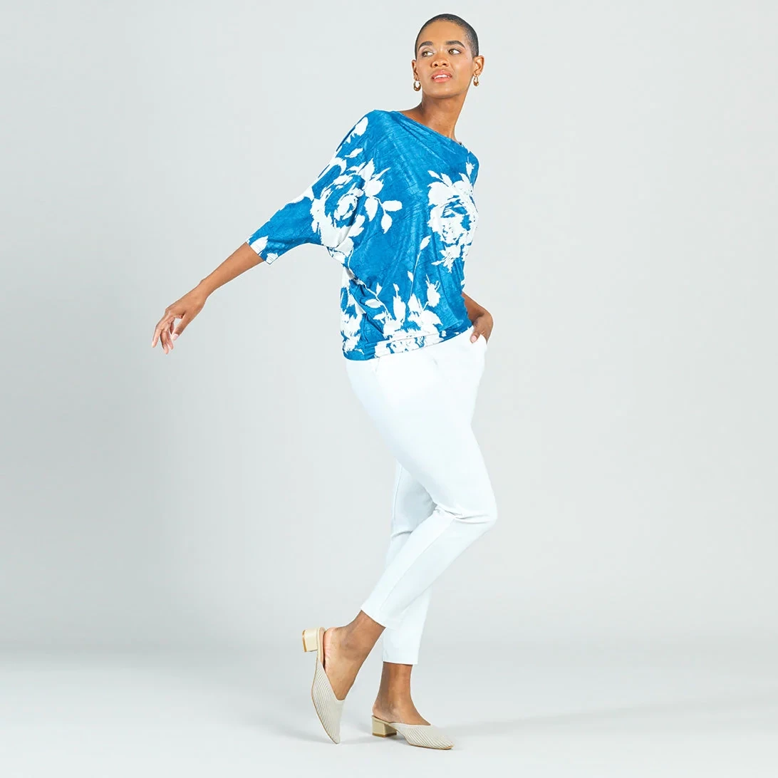 Blue/White Crush Silk Knit Dreamy Floral Top