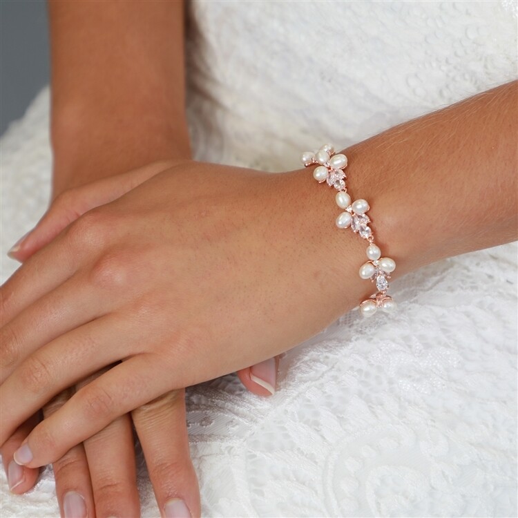 Genuine Freshwater Pearl Rose Gold Bridal Bracelet