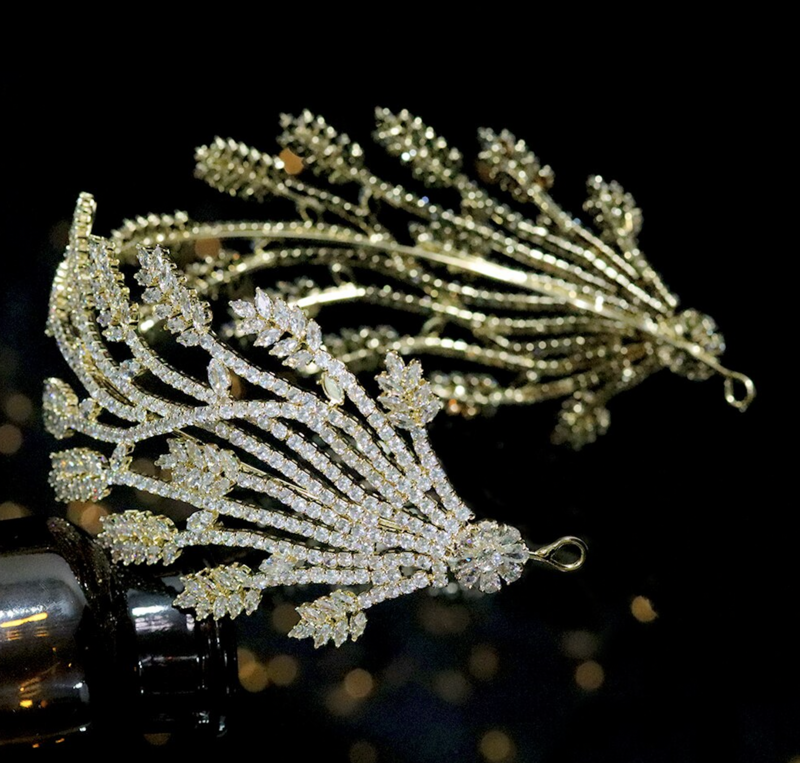 Spectacular Gold AAA CZ Marquise Brach Formal Headpiece