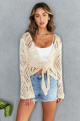 Natural Italian Made Loose Crochet Tie Front Cardigan 