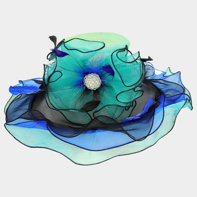 Spectacular Flower Feather Accented Double Layered Organza Hat