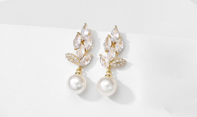 Marquise CZ/Pearl Drop Gold Formal Earrings