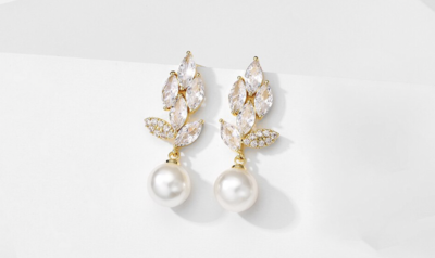 Marquise CZ/Pearl Drop Gold Formal Earrings