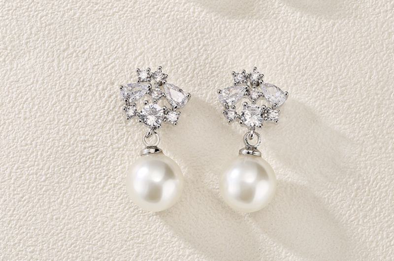 Multi Shape CZ Cluster Pearl Drop Formal Earring