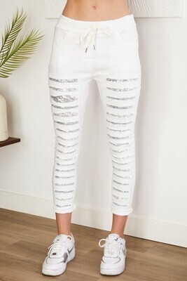 White Crinkle Jogger/Silver Sequin Stripes