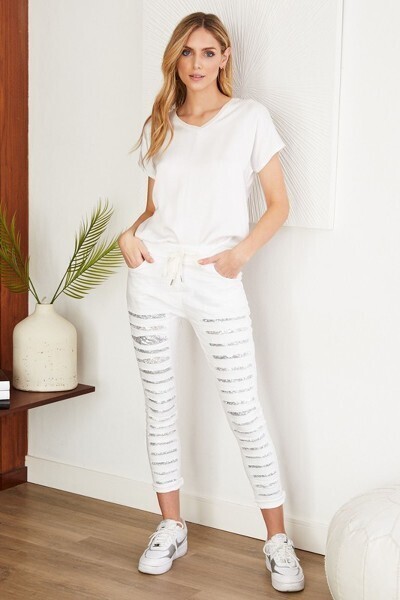White Crinkle Jogger/Silver Sequin Stripes