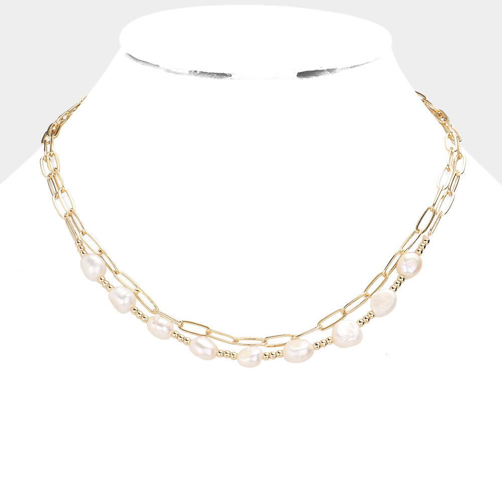 Pearl Open Metal Oval Link Double Layered Necklace