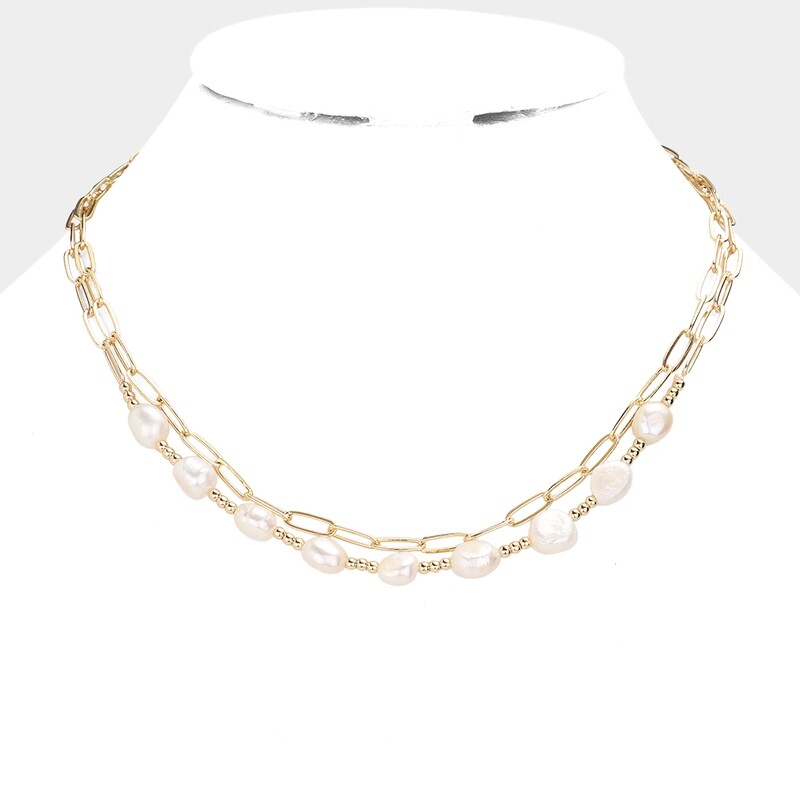 Pearl Open Metal Oval Link Double Layered Necklace