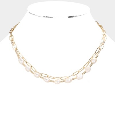 Pearl Open Metal Oval Link Double Layered Necklace