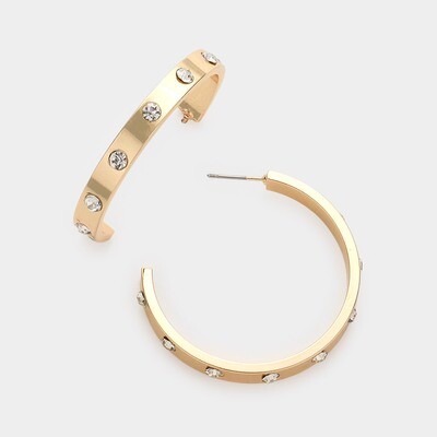 Gold Stone Embellished Metal Hoop Earrings