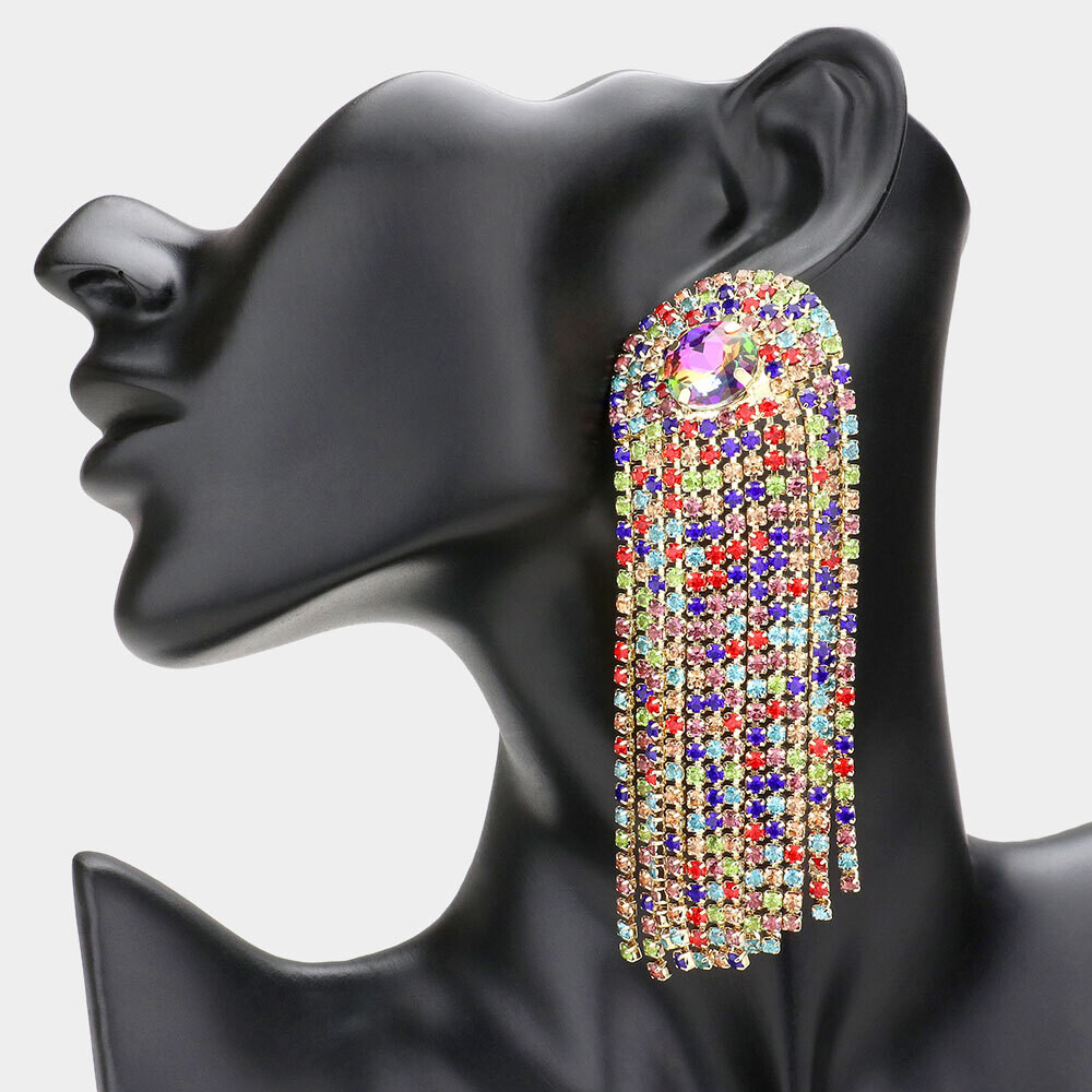Round Stone Accented Rhinestone Fringe Dangle Evening Earrings