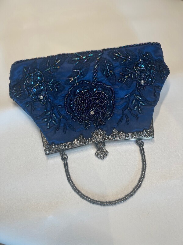 Navy Blue Beaded Floral Vintage Evening Bag