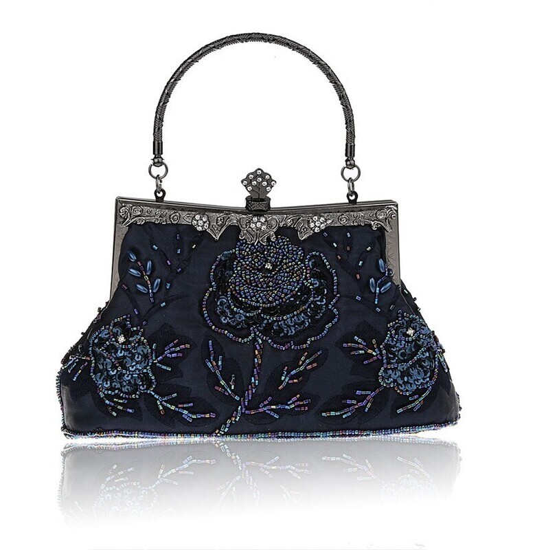 Navy Blue Beaded Floral Vintage Evening Bag
