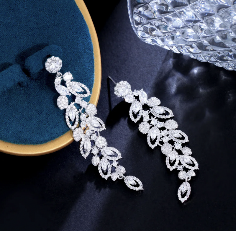 Breathtaking Botanical Cubic Zirconia Long Formal Earrings