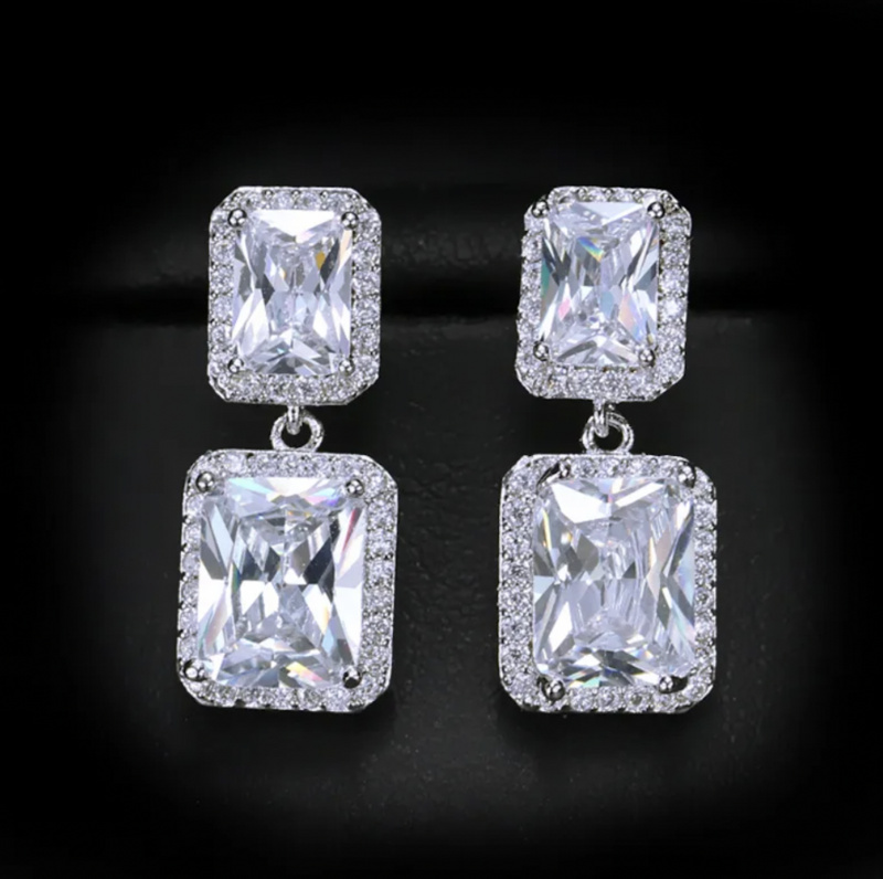 AAA Cubic Zirconia Double Emerald Cut Drop Earrings