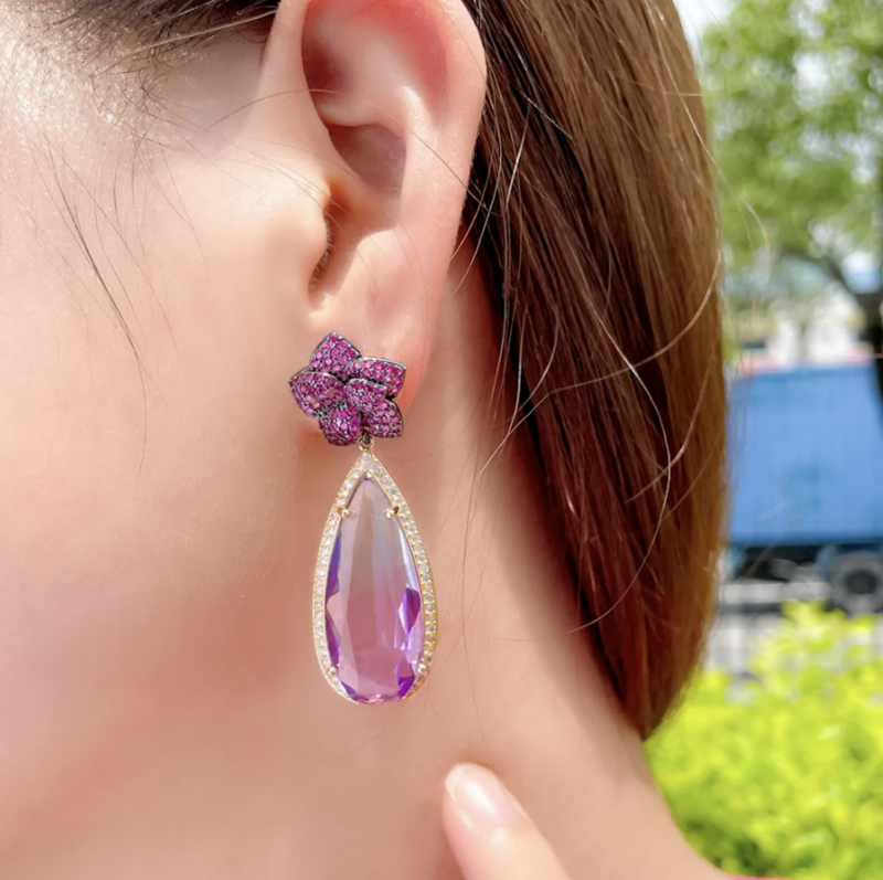 Raspberry Crystal Floral Large Oval Drop Formal Earring 