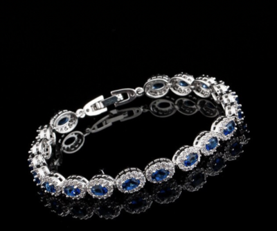 Delicate Oval Navy CZ/Clear Halo Surround Formal Bracelet