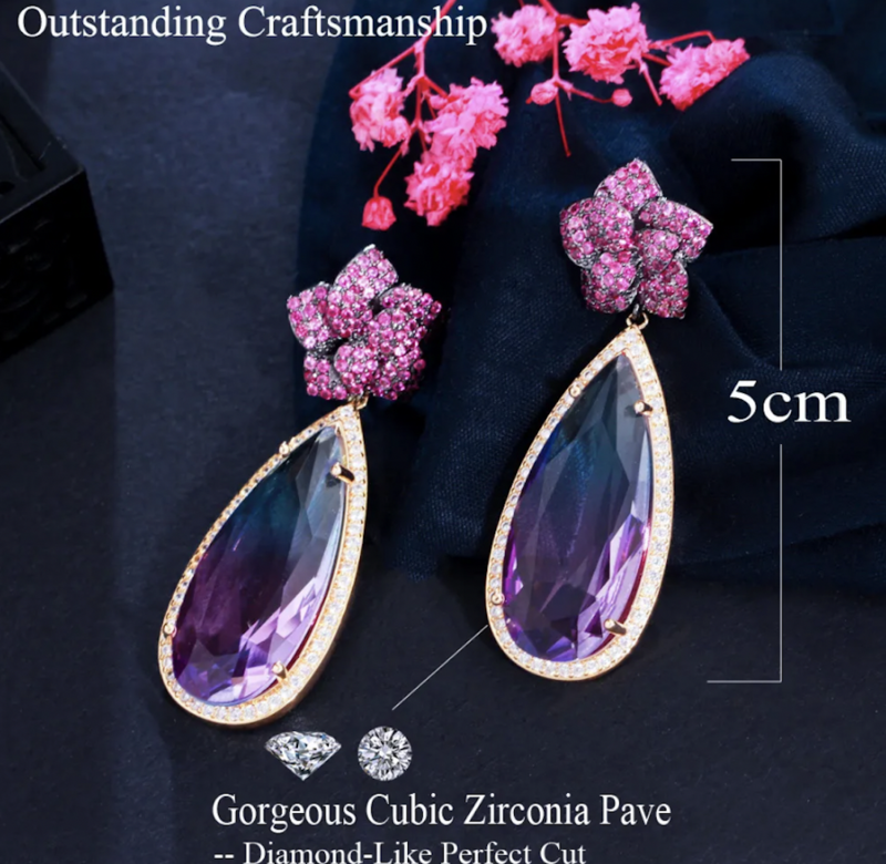 Raspberry Crystal Floral Large Oval Drop Formal Earring 