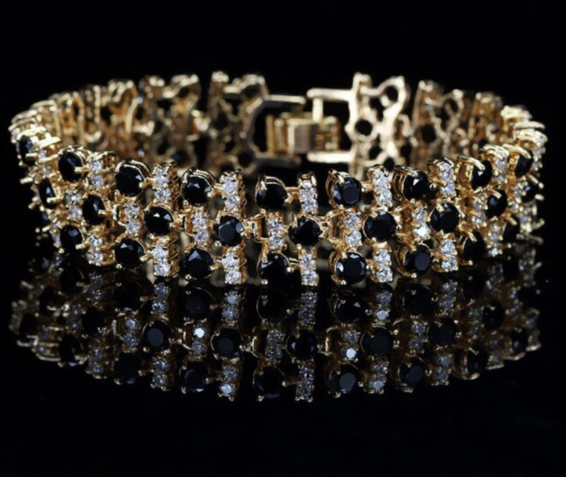 Yellow Gold Plated Clear &amp; Black AAA CZ Formal Bracelet