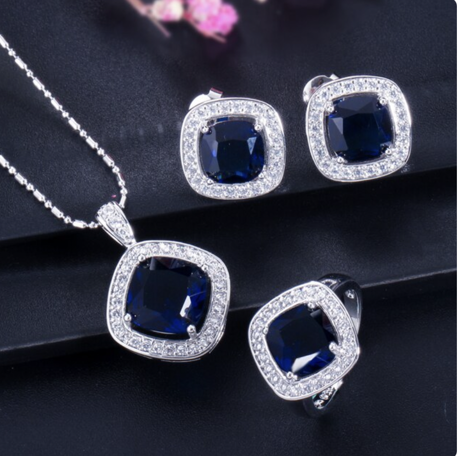 Navy &amp; Clear AAA Cubic Zirconia Designer Look Pendant Set